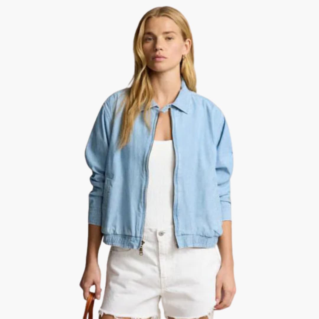 Damen Bomber jacke in Hellblau mit Frontreißverschluss und Kragen