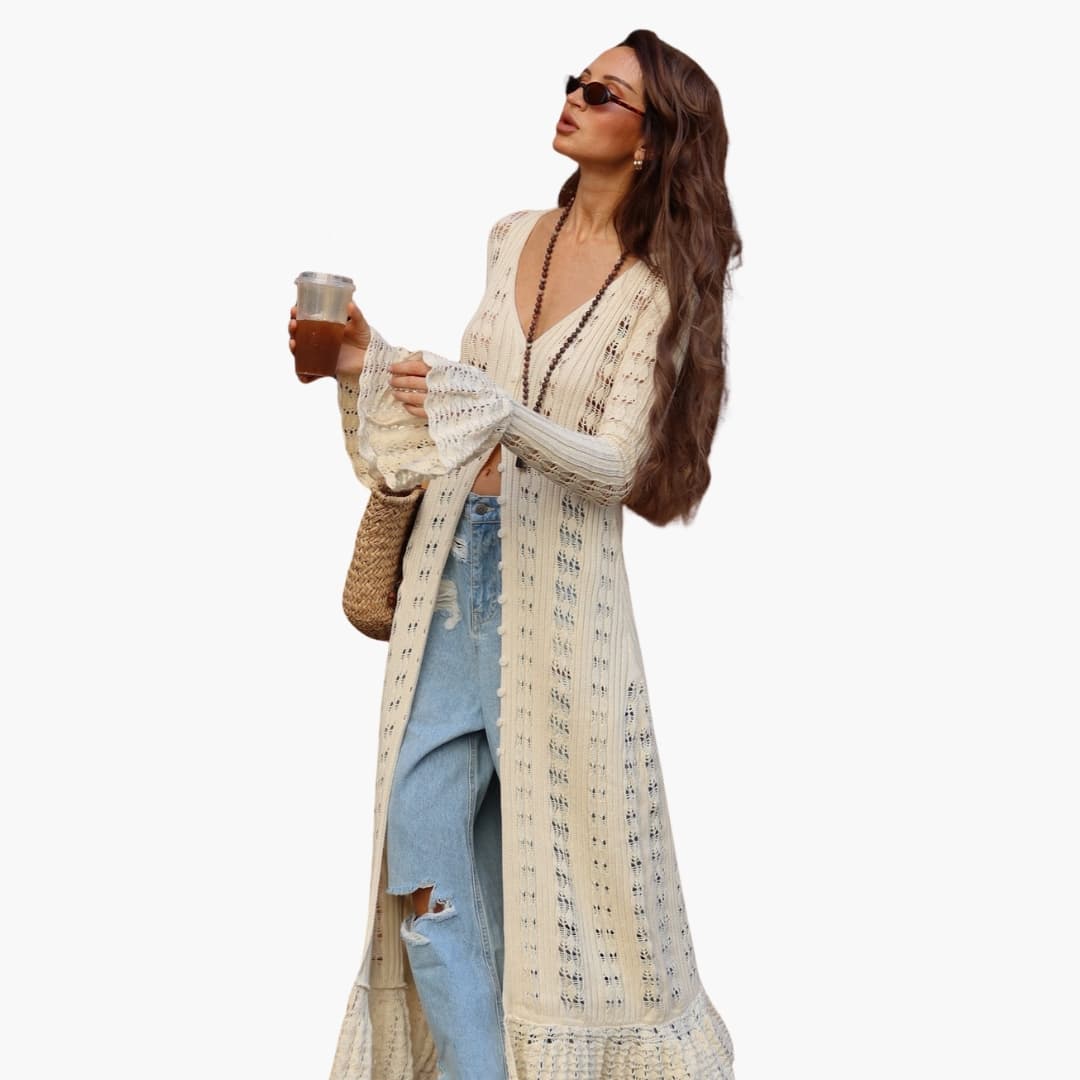 Damen Long Strickjacke mit offenem Frontdesign und ausgestellten Ärmeln