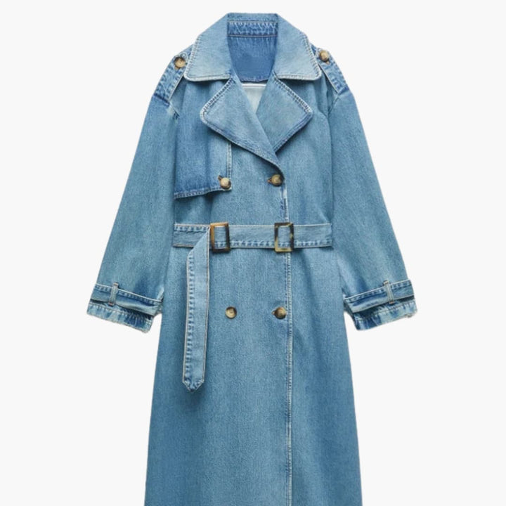 Damen Langer Jeans Trenchcoat mit Gürtel