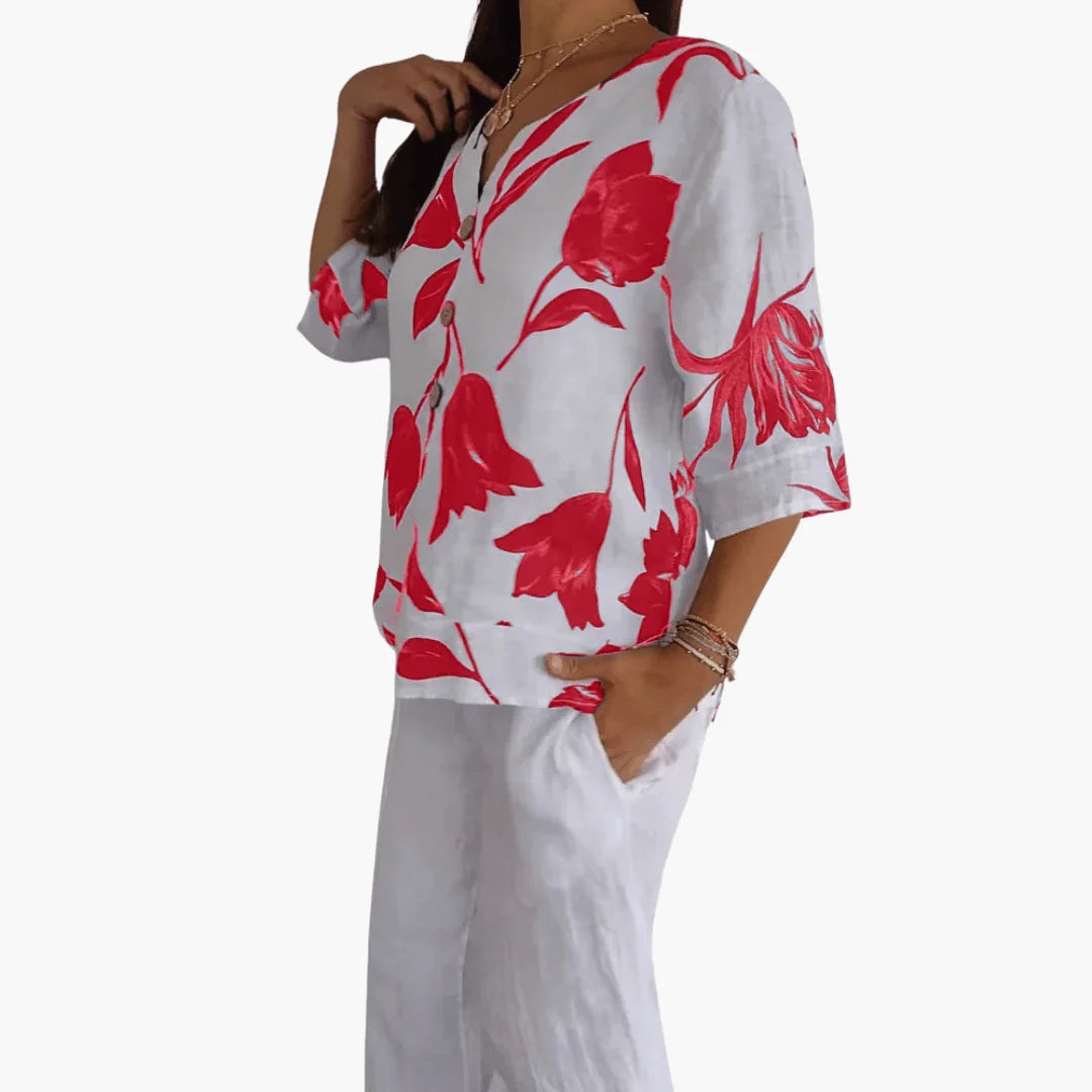 Blumenmuster V-Ausschnitt Bluse für Damen