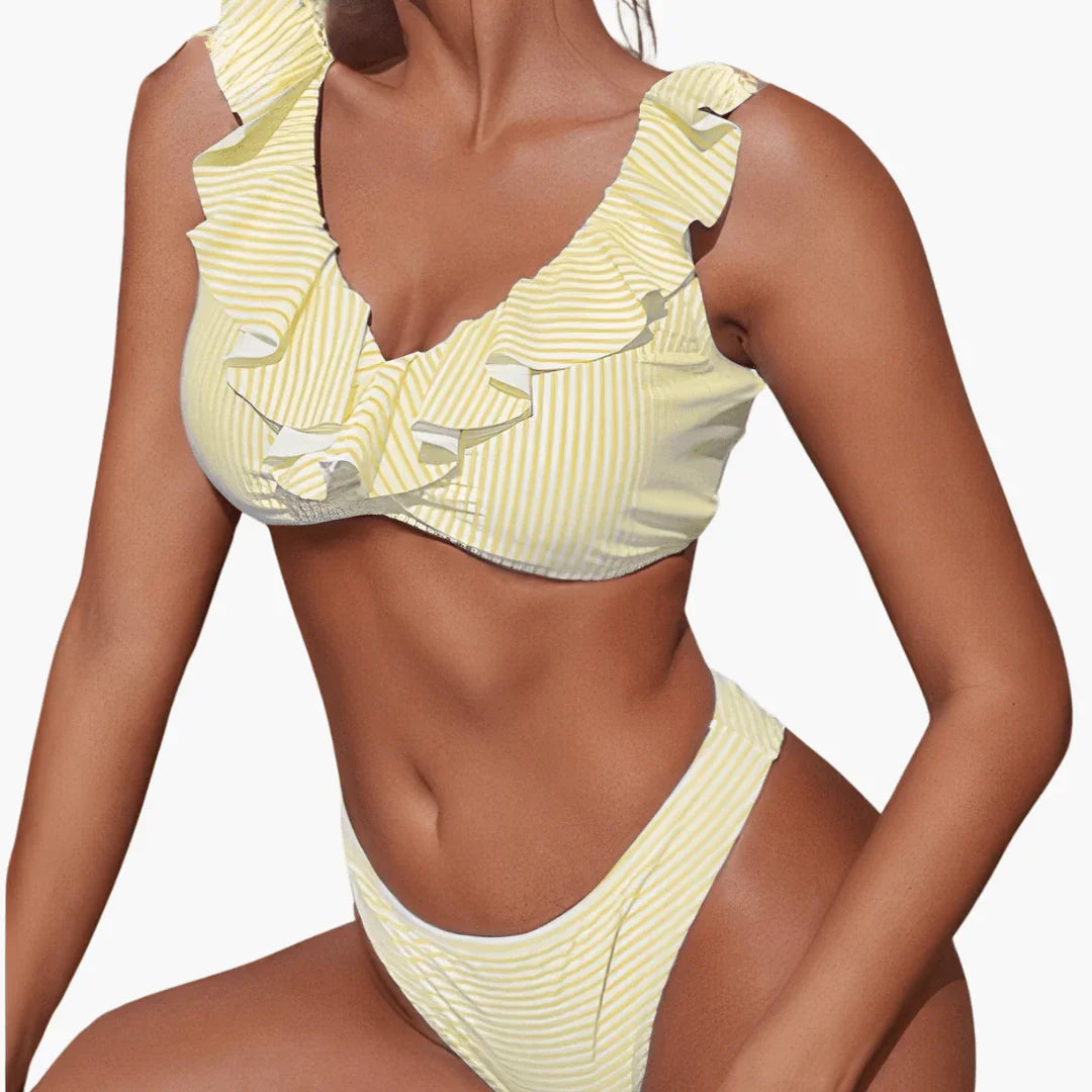 Rüschen Gestreiftes Bikini Set für Damen