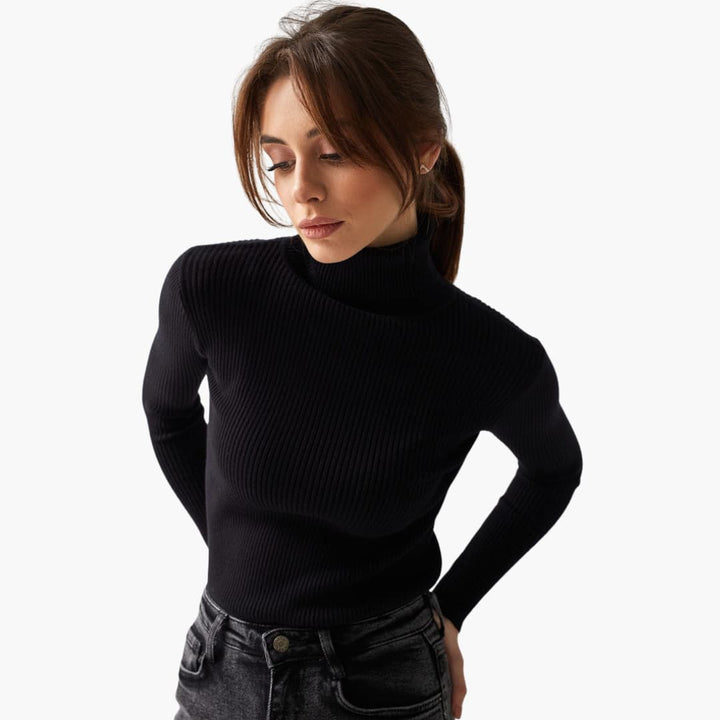 Damen Rollkragenpullover mit gerippter Oberfläche und langen Ärmeln
