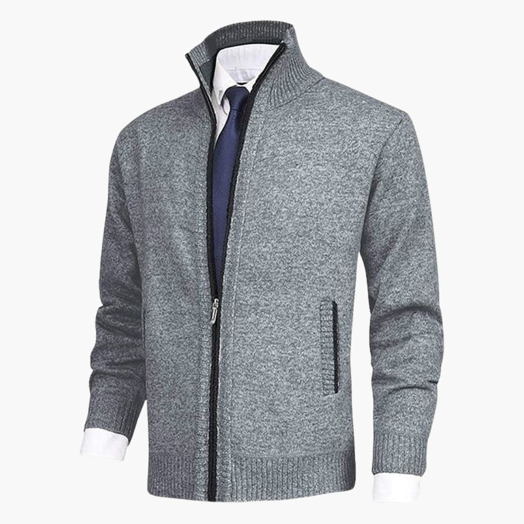 Herren Strickjacke mit Reißverschluss, Stehkragen und geripptem Saum