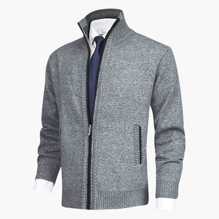 Herren Strickjacke mit Reißverschluss, Stehkragen und geripptem Saum
