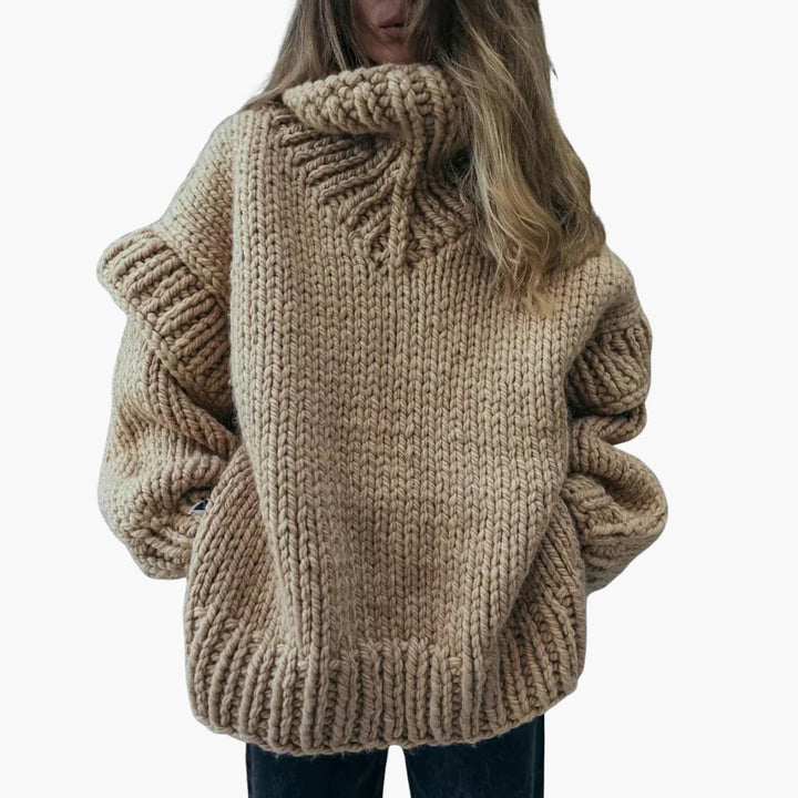 Damen Strickpullover mit hohem Kragen und geripptem Saum