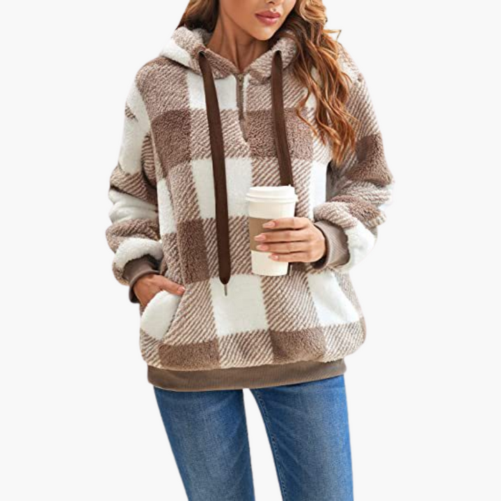 Damen Kapuzenpullover mit Halbreißverschluss und Karomuster