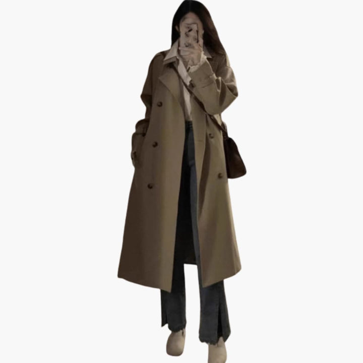 Damen Trenchcoat Lang mit Reverskragen und doppelter Knopfleiste