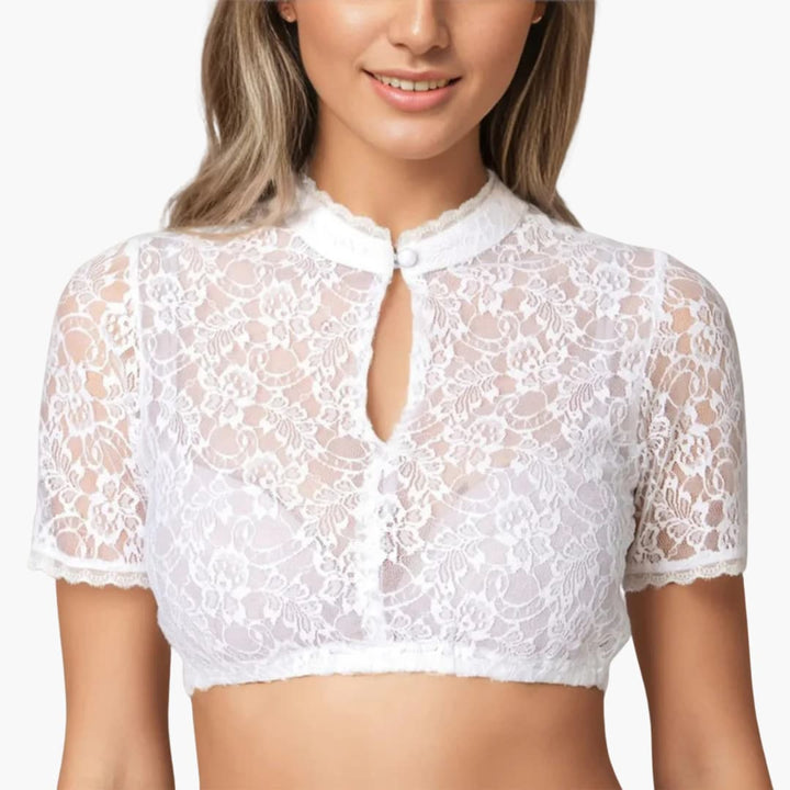 Damen Dirndl Bluse mit Schlitz und Spitze | Oktoberfest 2025