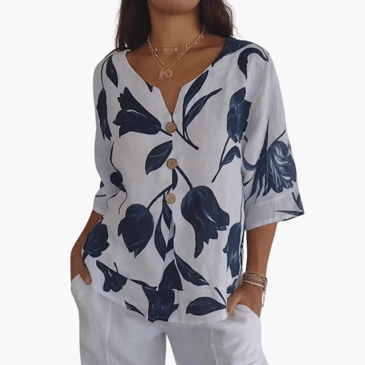 Blumenmuster V-Ausschnitt Bluse für Damen