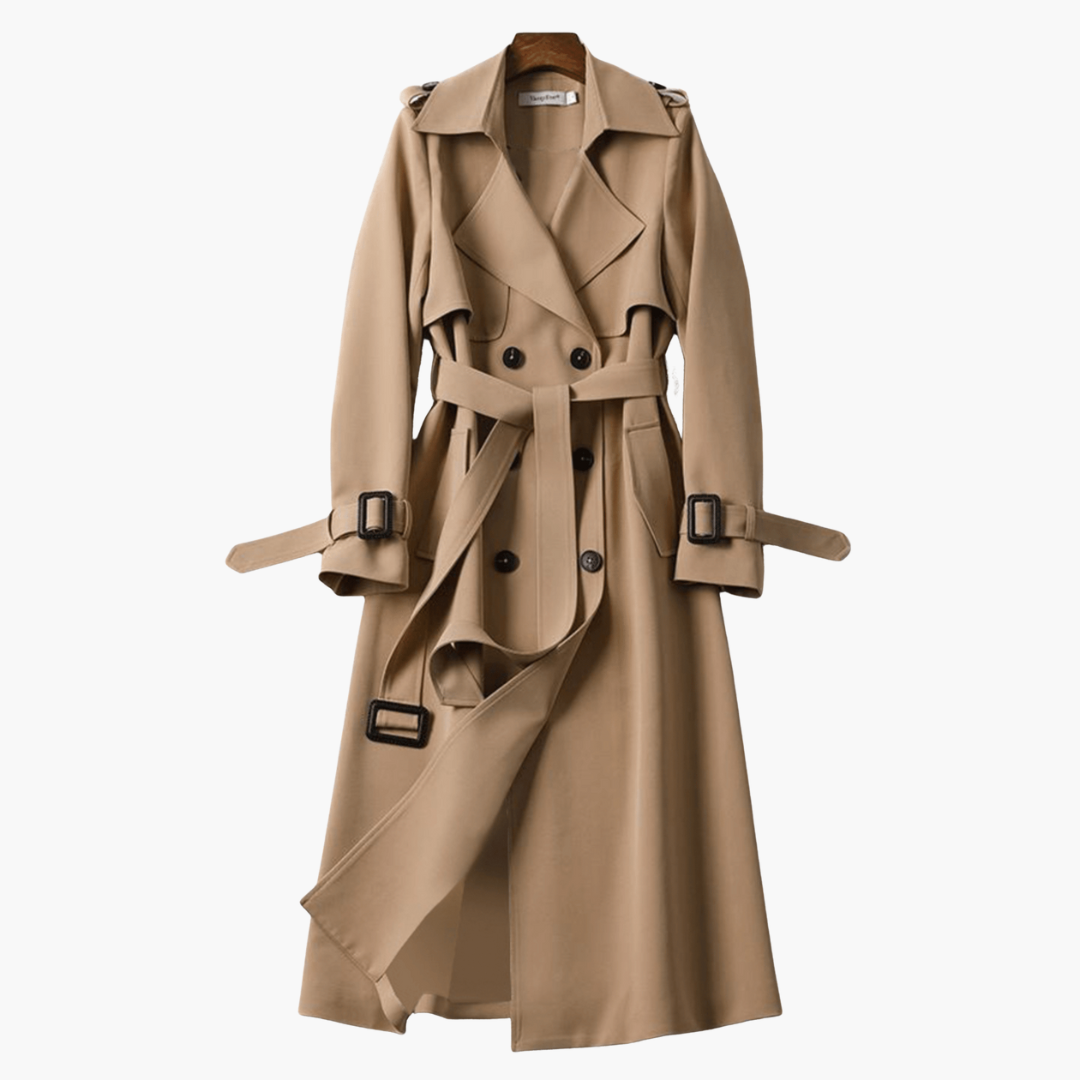 Langer Damen-Trenchcoat mit Taillengürtel und Doppelknöpfen