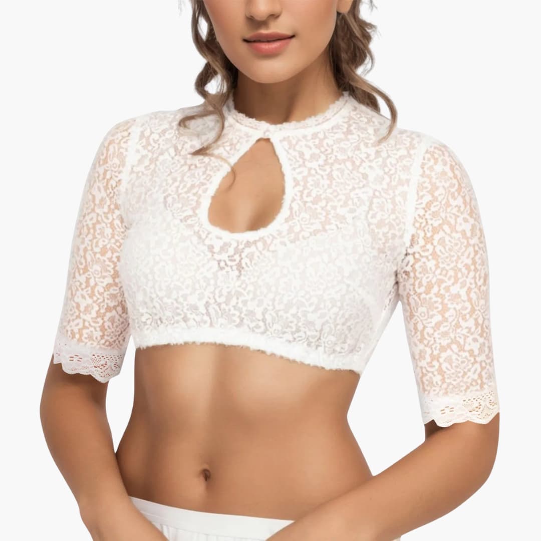 Damen Dirndl Bluse mit Schlitz und Spitze | Oktoberfest 2025