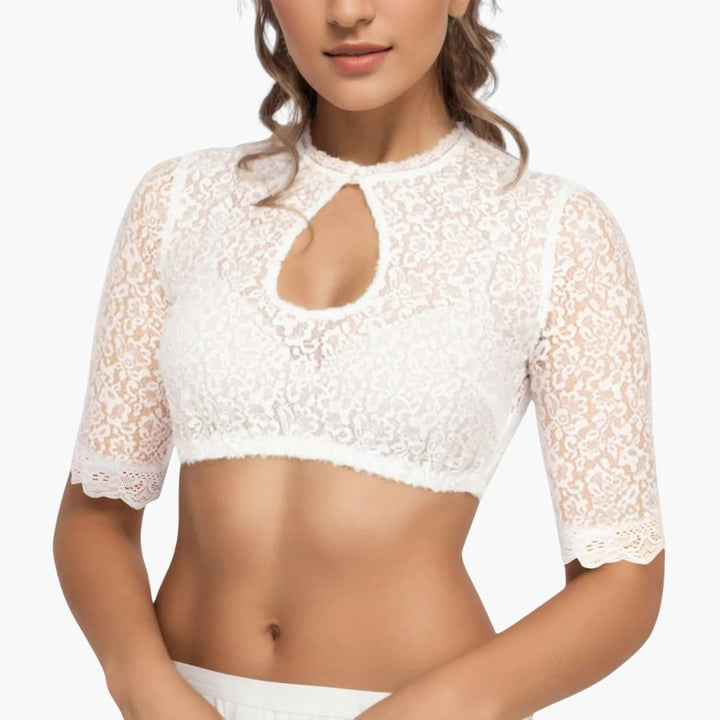 Damen Dirndl Bluse mit Schlitz und Spitze | Oktoberfest 2025