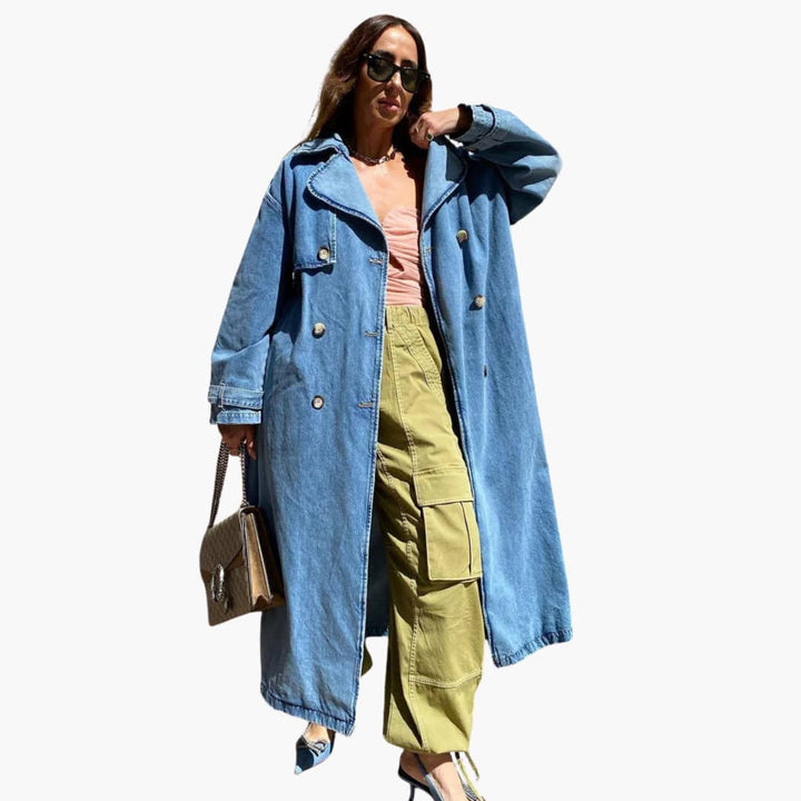 Damen Langer Jeans Trenchcoat mit Gürtel