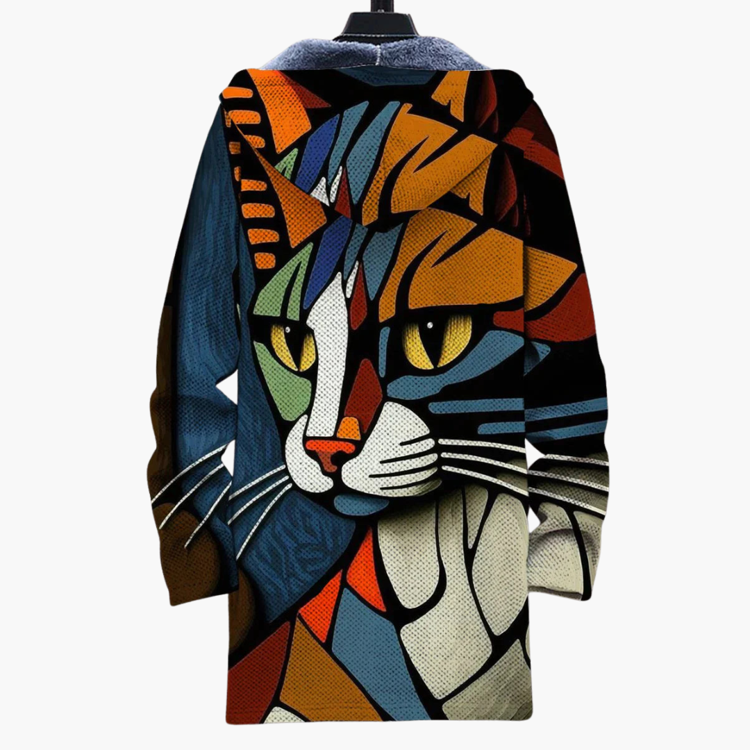 Damen Cardigan mit Knopfleiste und Katzenmotiv
