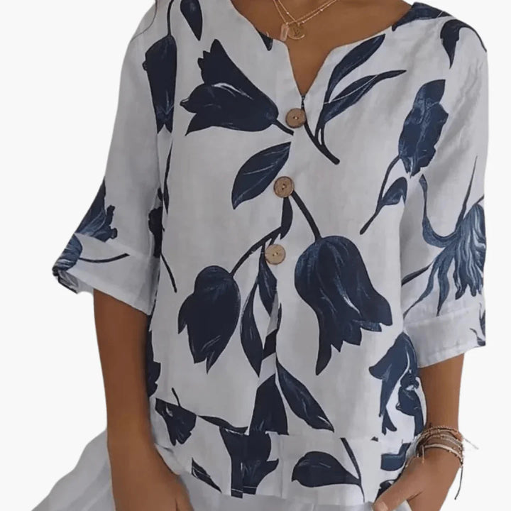 Blumenmuster V-Ausschnitt Bluse für Damen