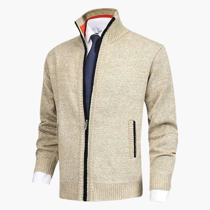 Herren Strickjacke mit Reißverschluss, Stehkragen und geripptem Saum
