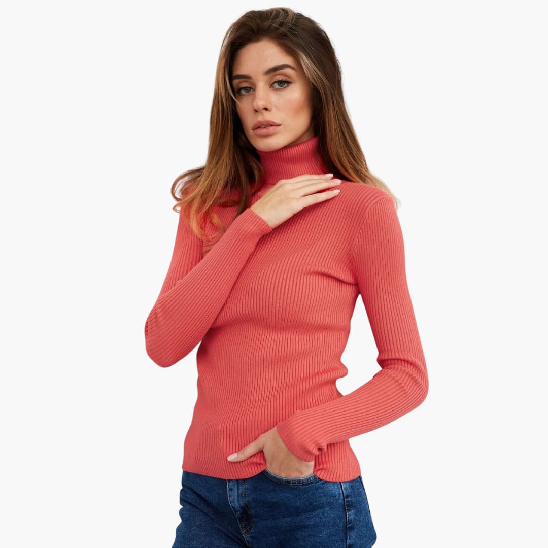 Damen Rollkragenpullover mit gerippter Oberfläche und langen Ärmeln