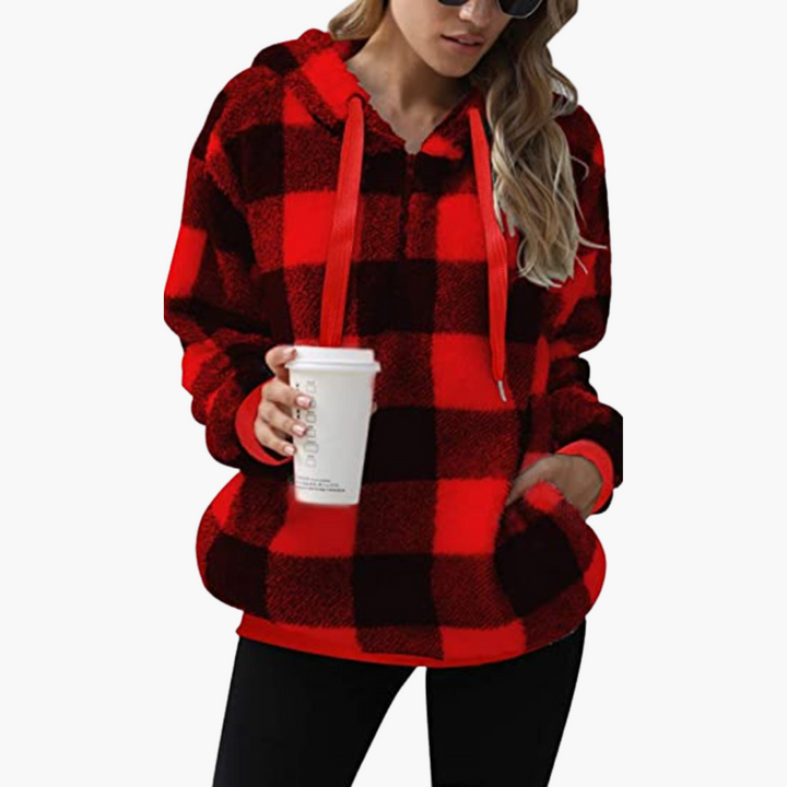 Damen Kapuzenpullover mit Halbreißverschluss und Karomuster