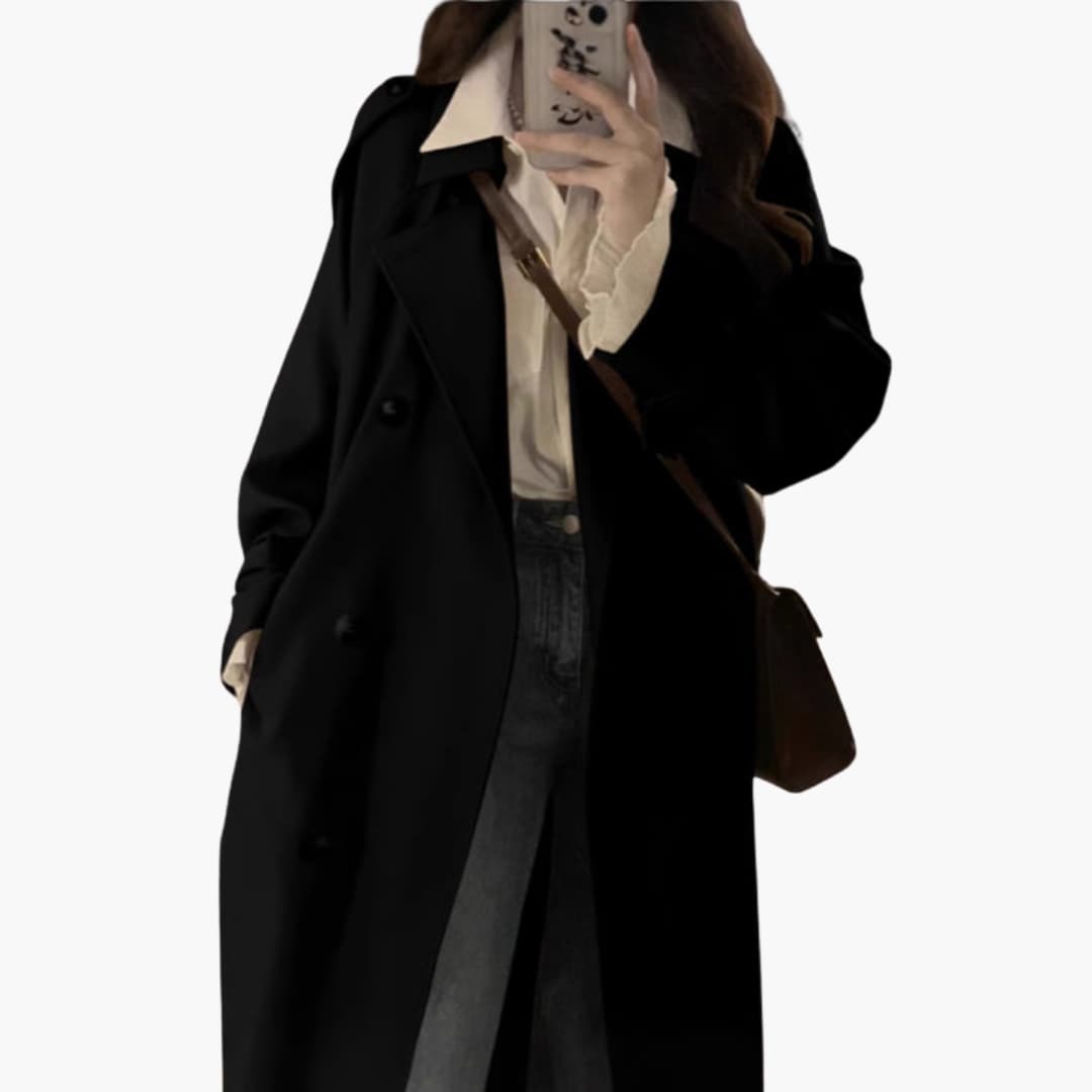 Damen Trenchcoat Lang mit Reverskragen und doppelter Knopfleiste
