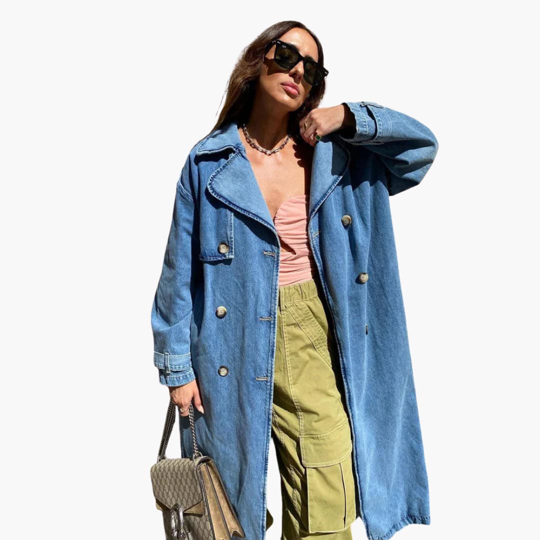 Damen Langer Jeans Trenchcoat mit Gürtel