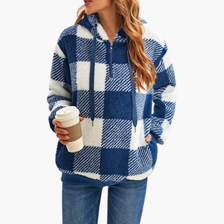 Damen Kapuzenpullover mit Halbreißverschluss und Karomuster