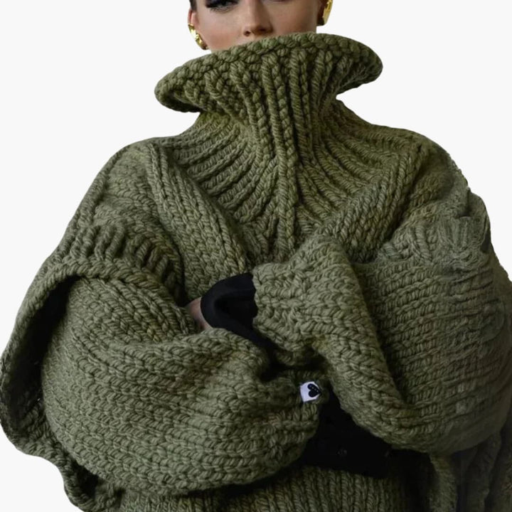 Damen Strickpullover mit hohem Kragen und geripptem Saum