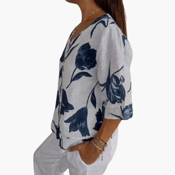 Blumenmuster V-Ausschnitt Bluse für Damen