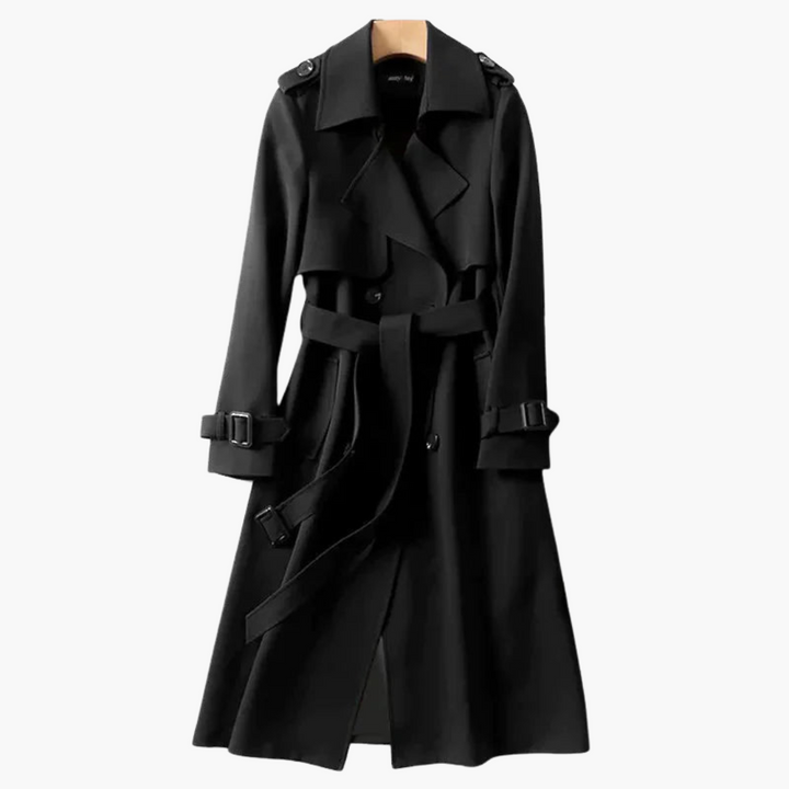 Langer Damen-Trenchcoat mit Taillengürtel und Doppelknöpfen