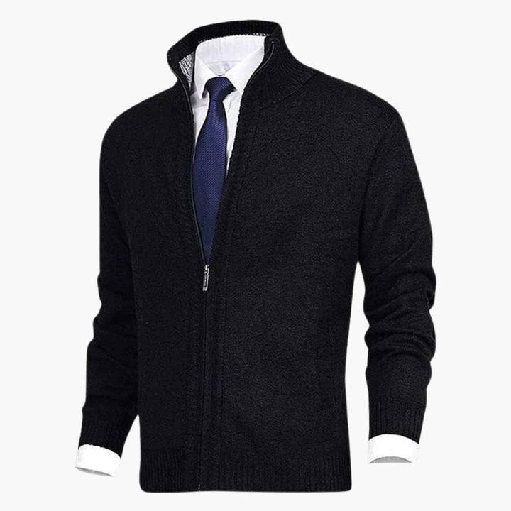 Herren Strickjacke mit Reißverschluss, Stehkragen und geripptem Saum