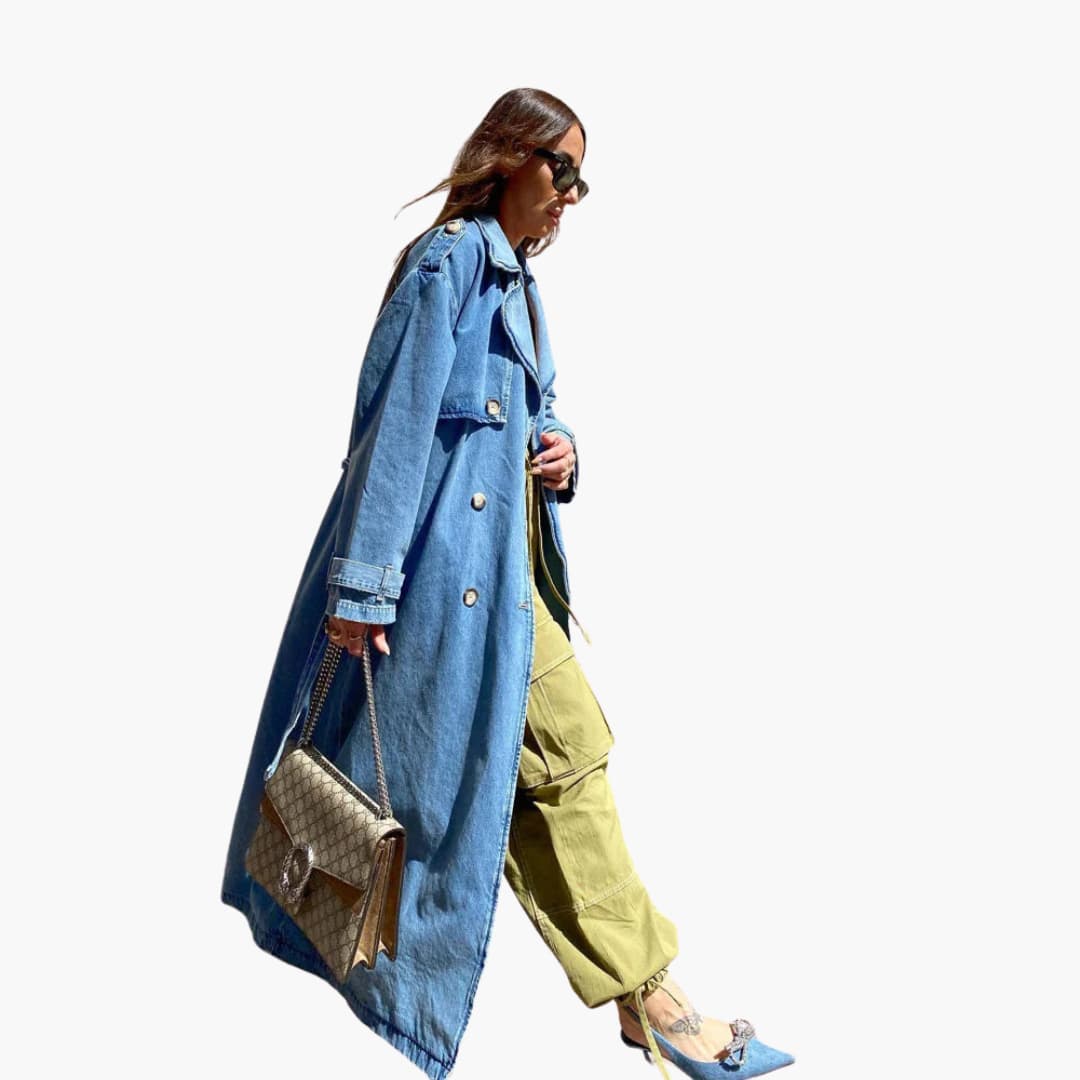 Damen Langer Jeans Trenchcoat mit Gürtel