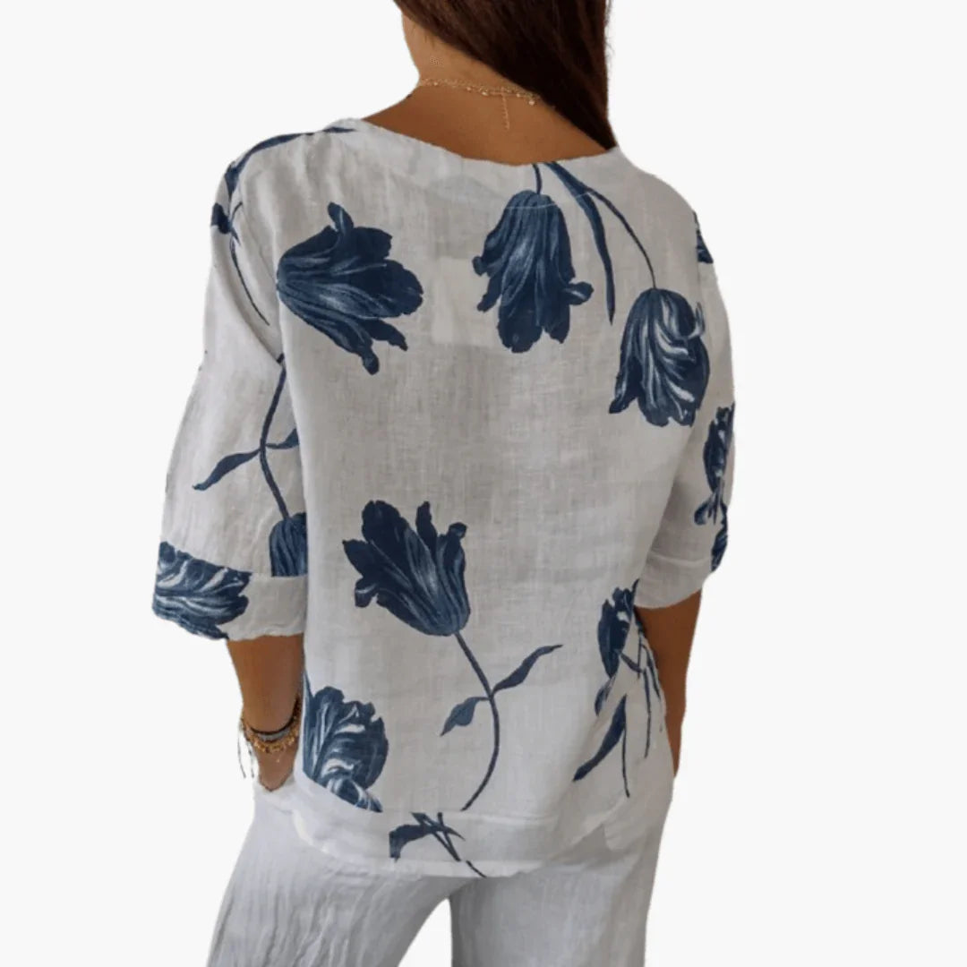 Blumenmuster V-Ausschnitt Bluse für Damen