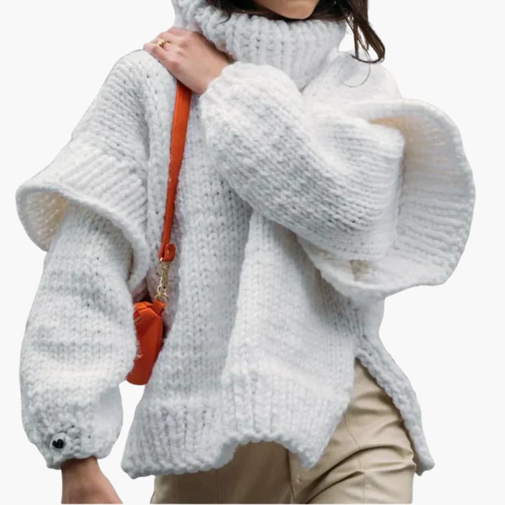 Damen Strickpullover mit hohem Kragen und geripptem Saum