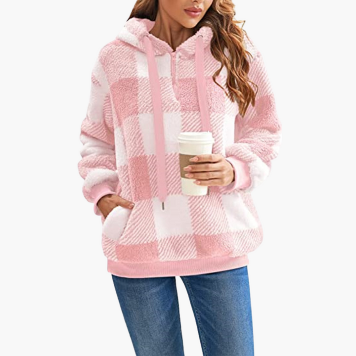 Damen Kapuzenpullover mit Halbreißverschluss und Karomuster