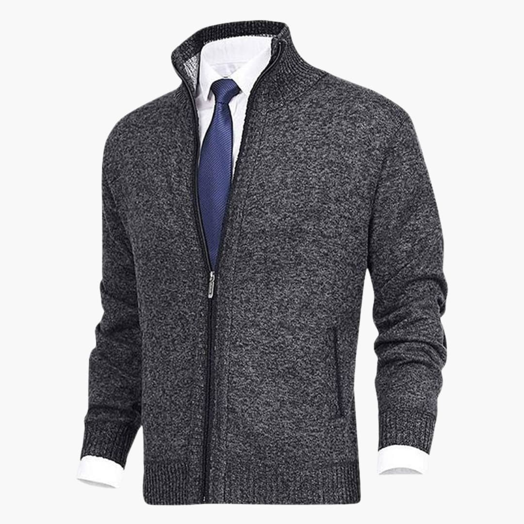 Herren Strickjacke mit Reißverschluss, Stehkragen und geripptem Saum
