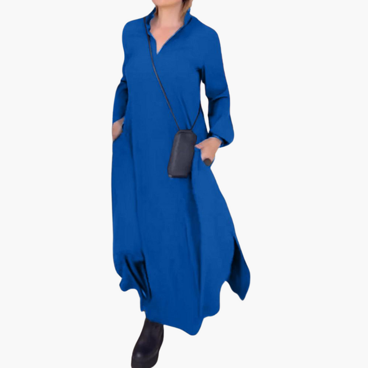 Emilia | Lockeres langes Kleid mit Revers und seitlichem Schlitz