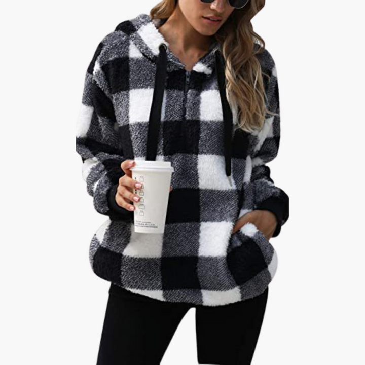 Damen Kapuzenpullover mit Halbreißverschluss und Karomuster