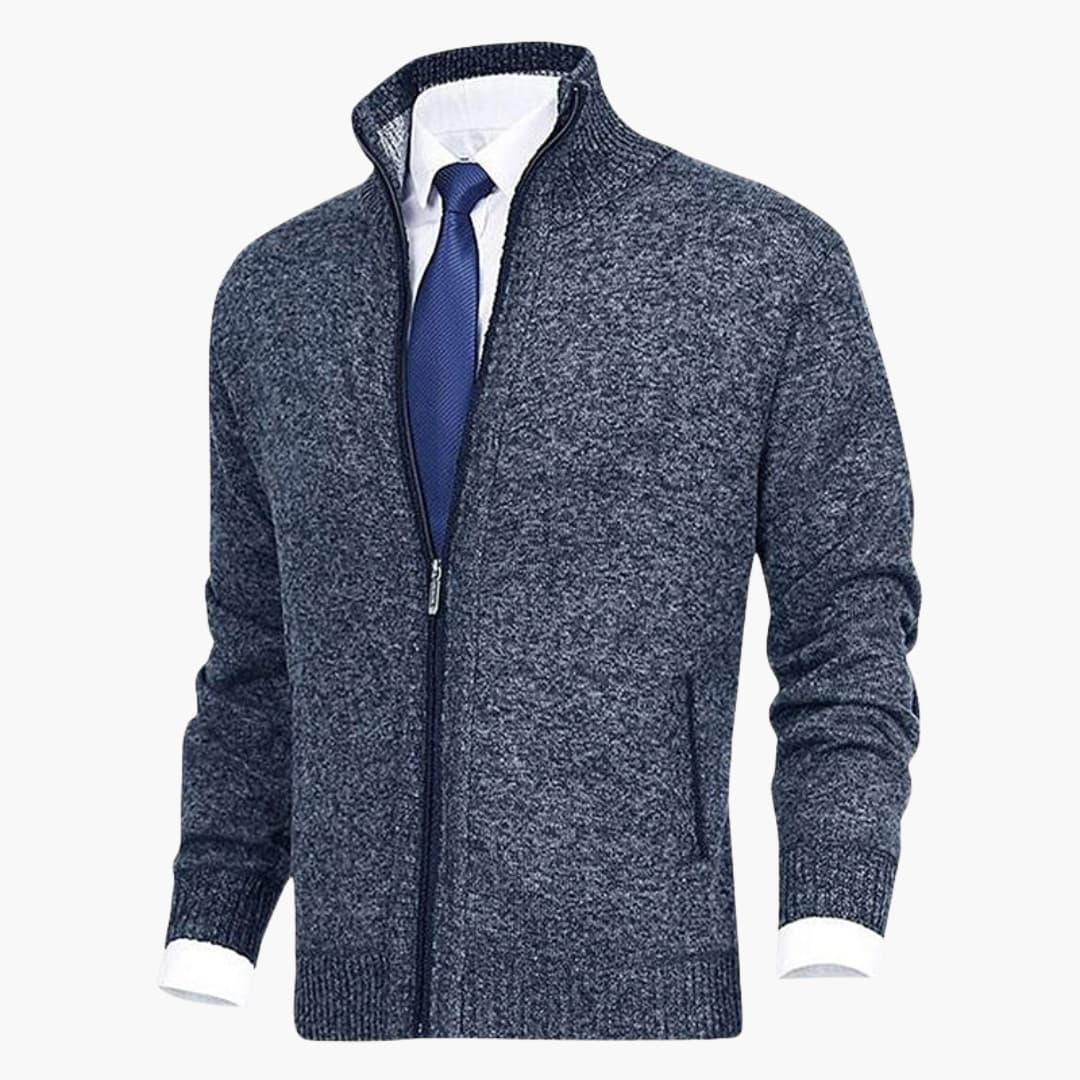 Herren Strickjacke mit Reißverschluss, Stehkragen und geripptem Saum