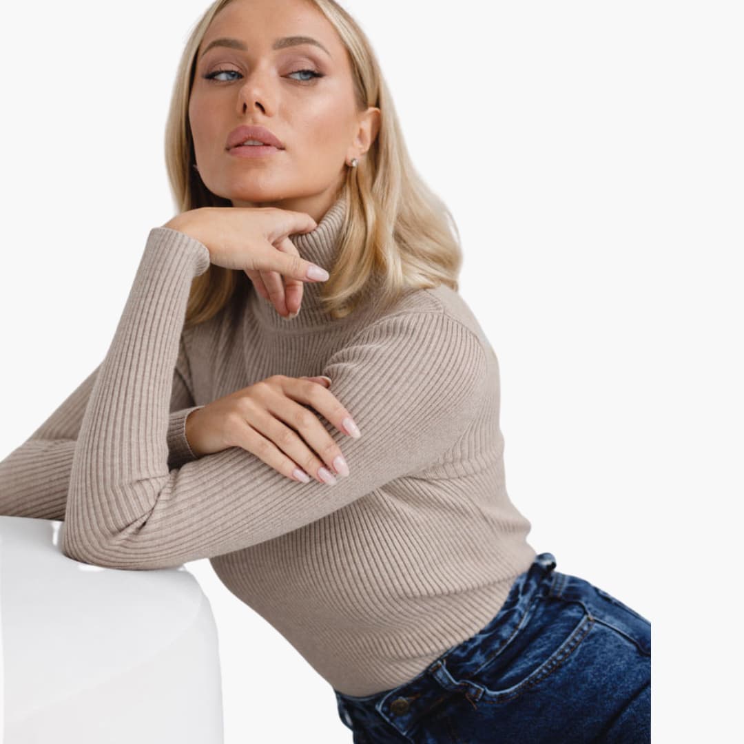 Damen Rollkragenpullover mit gerippter Oberfläche und langen Ärmeln