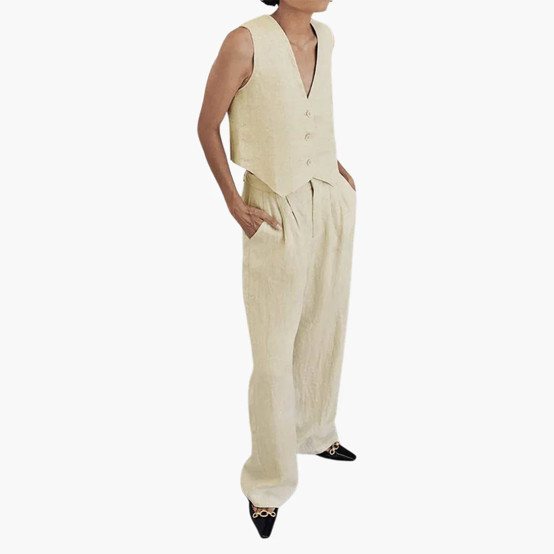Leinen Zweiteiler Weste Hose für Damen