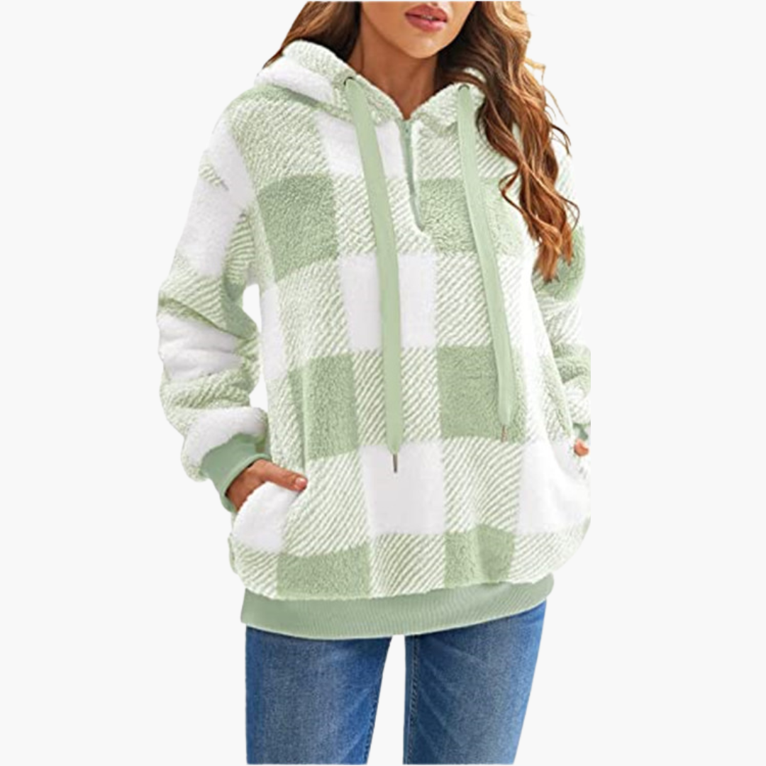 Damen Kapuzenpullover mit Halbreißverschluss und Karomuster