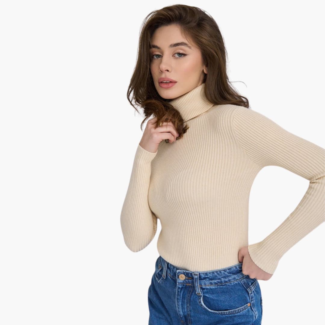 Damen Rollkragenpullover mit gerippter Oberfläche und langen Ärmeln