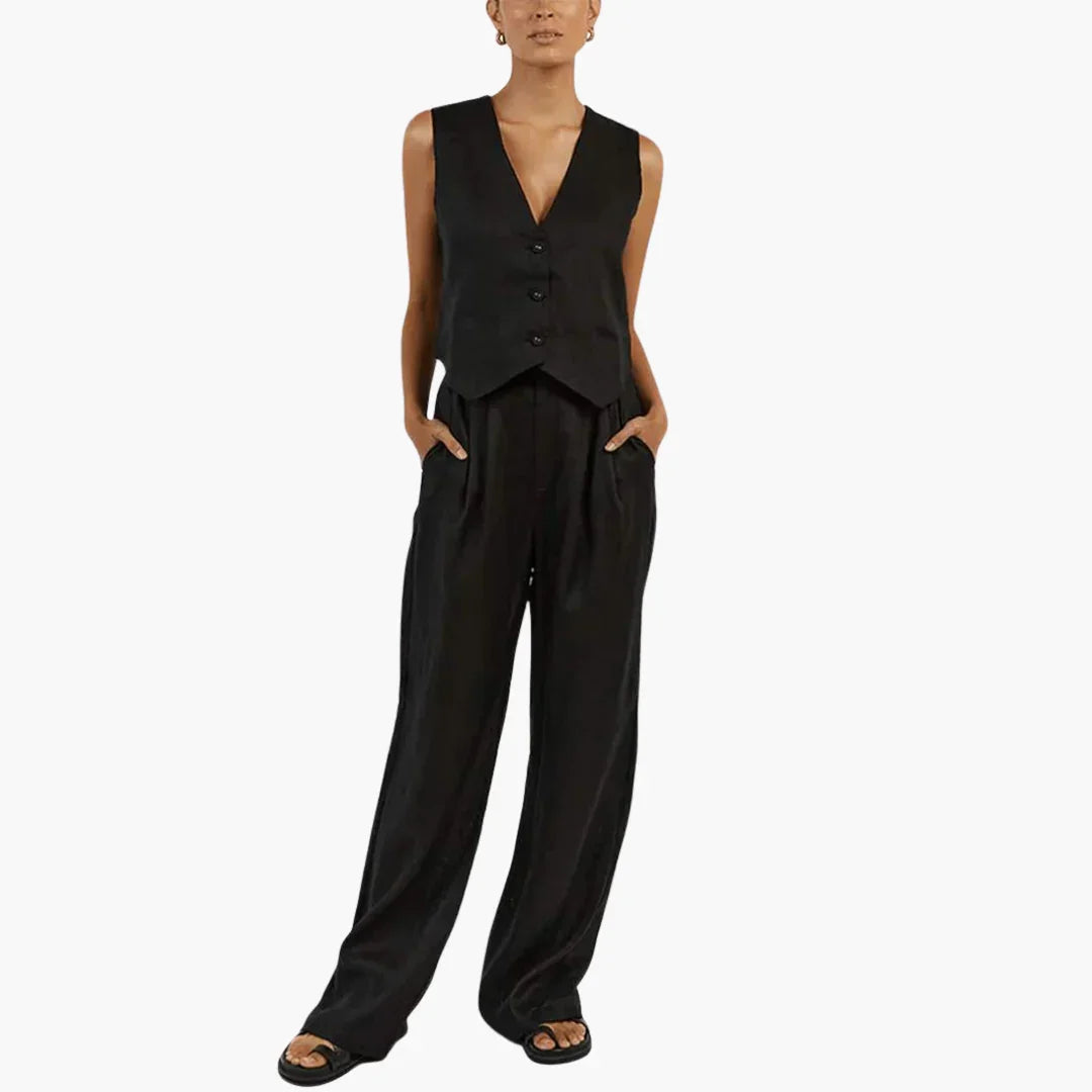 Leinen Zweiteiler Weste Hose für Damen
