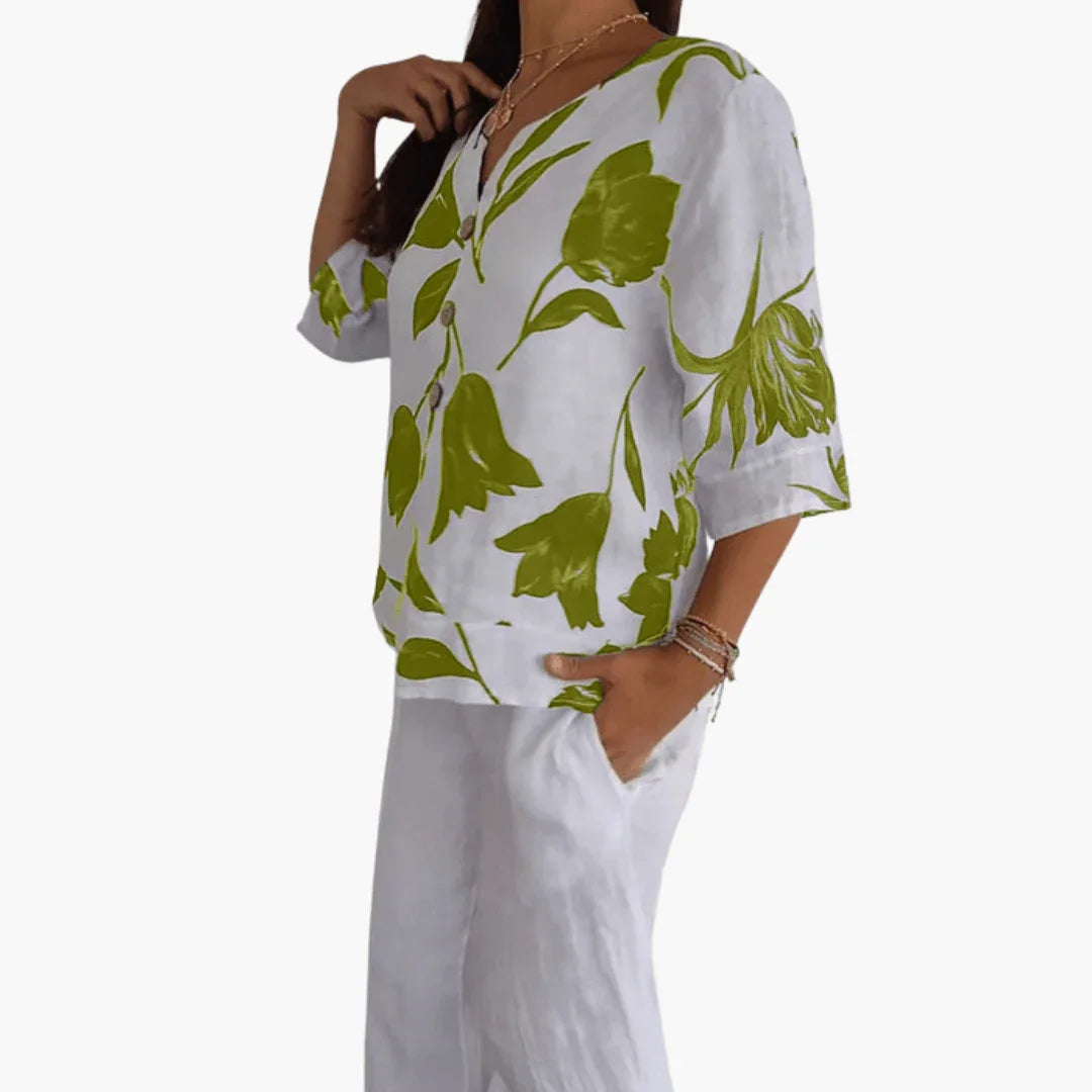 Blumenmuster V-Ausschnitt Bluse für Damen