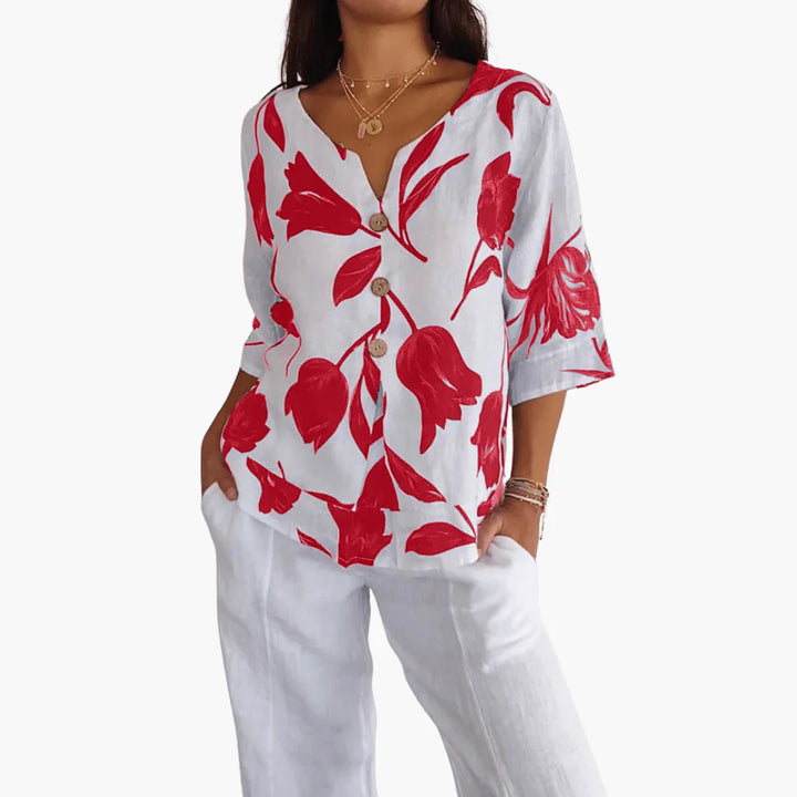 Blumenmuster V-Ausschnitt Bluse für Damen