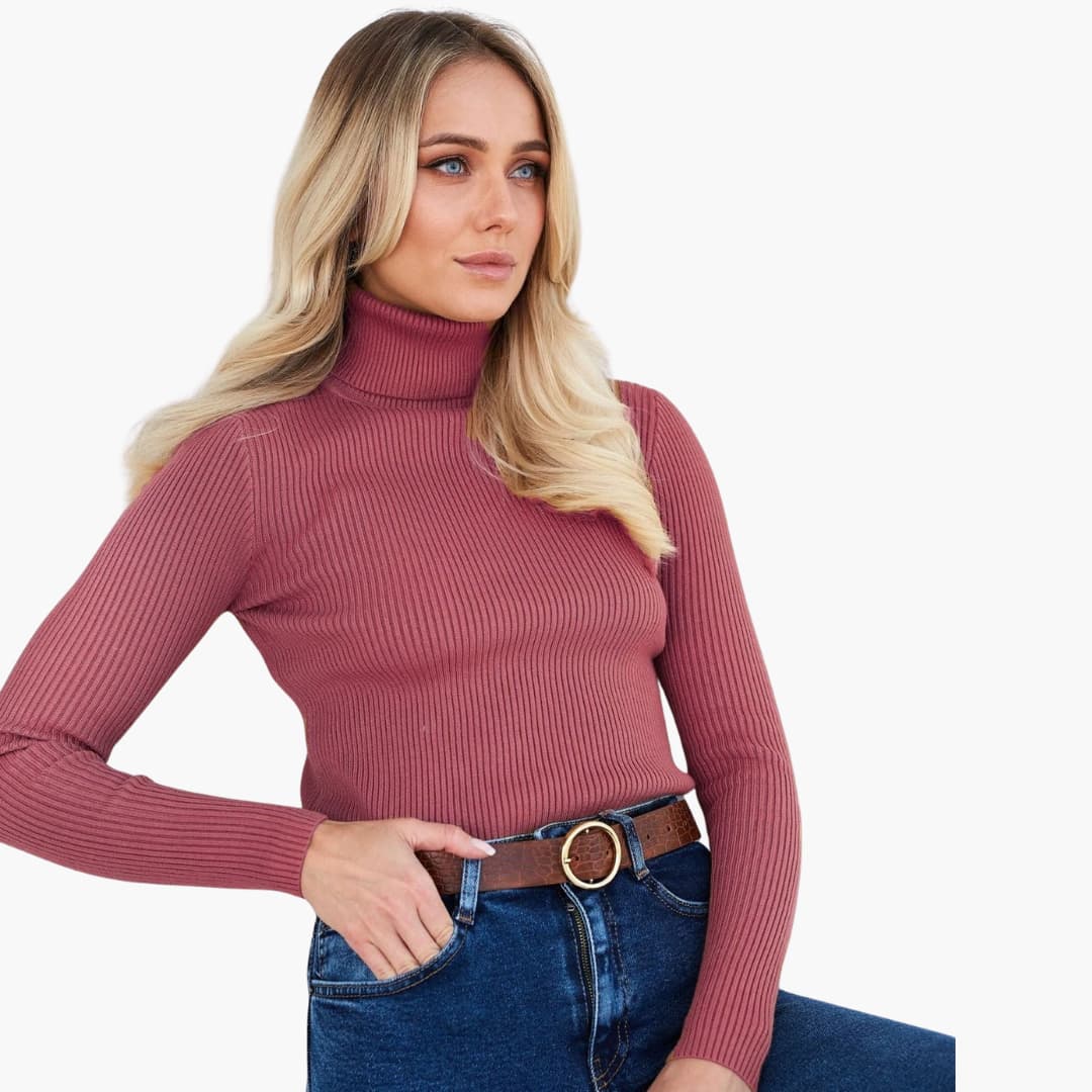 Damen Rollkragenpullover mit gerippter Oberfläche und langen Ärmeln