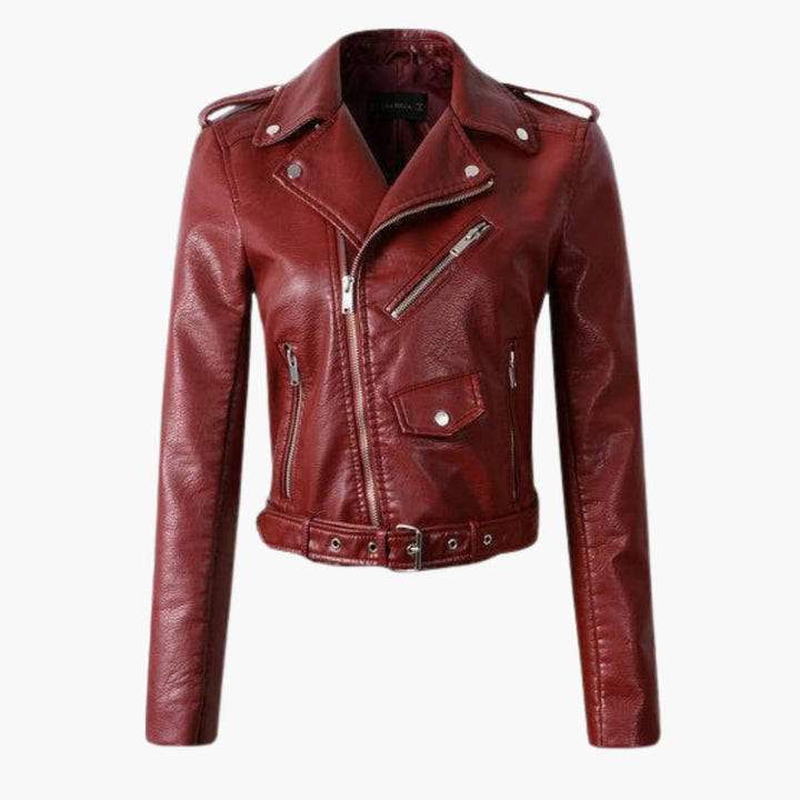 Damen-Bikerjacke mit Reverskragen und Gürtel am Saum