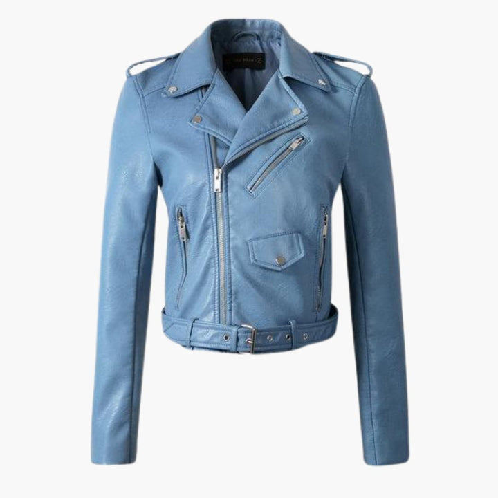 Damen-Bikerjacke mit Reverskragen und Gürtel am Saum