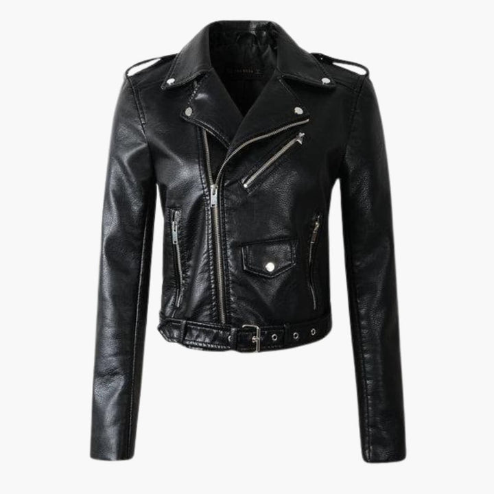 Damen-Bikerjacke mit Reverskragen und Gürtel am Saum