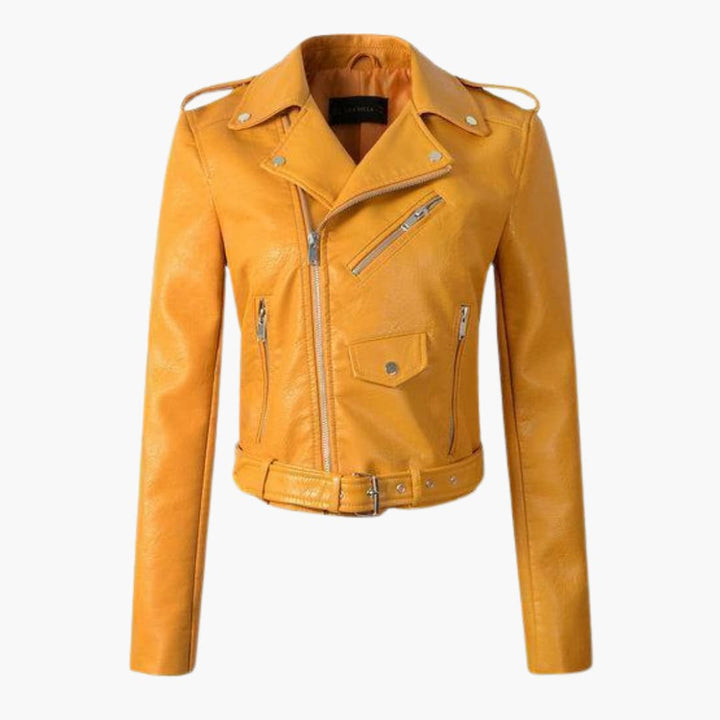 Damen-Bikerjacke mit Reverskragen und Gürtel am Saum