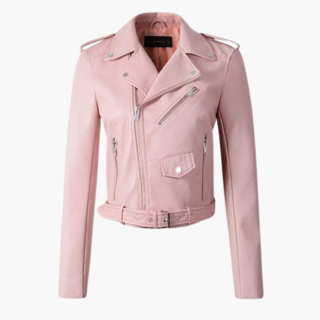 Damen-Bikerjacke mit Reverskragen und Gürtel am Saum